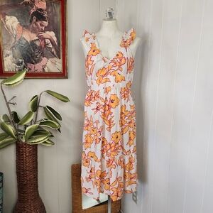 Monteau Los Angeles Orange Floral Tiered Ruffle Midi Dress Womens Size Medium